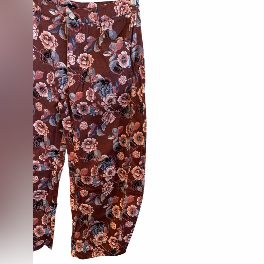 Olivaceous Barrel Pants Size Large Rust Burgundy Floral Pattern Button Closure - Picture 7 of 13